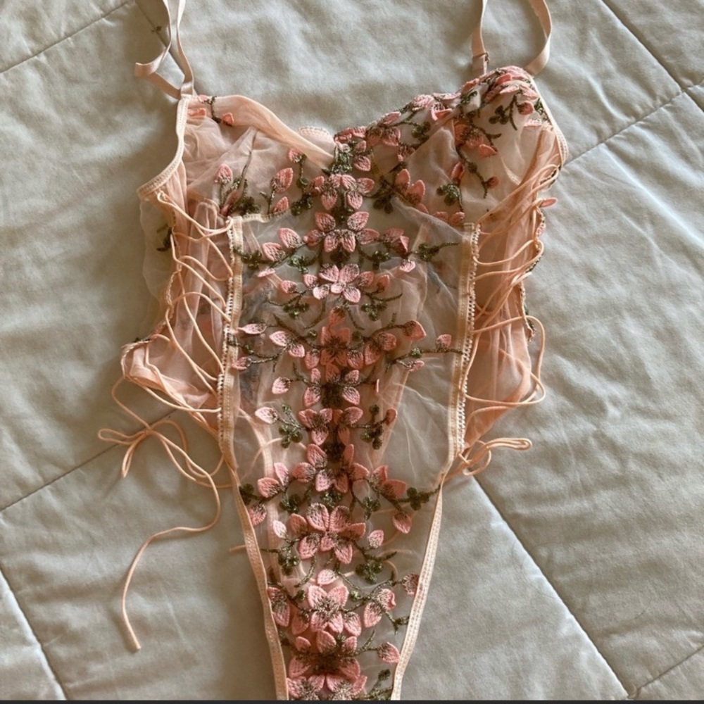 Floral Mesh Embroidered  Teddy One Piece Lingerie Babydoll Bodysuit